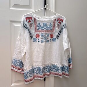Johnny Was Linen Top with Cross Stitch Design